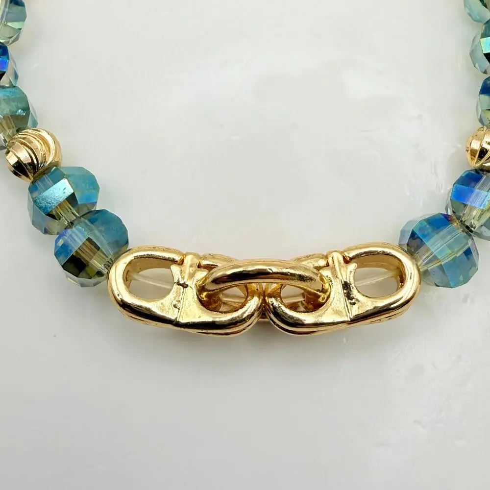 Erimish Blue Aurora Borealis Crystal Beaded Stacking Bracelet Stretch Gold Tone